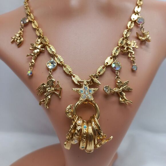 Kirks Folly Cupid Secrets of The 7 Angels Rings Gold Tone Long Necklace Vintage - Picture 3 of 11